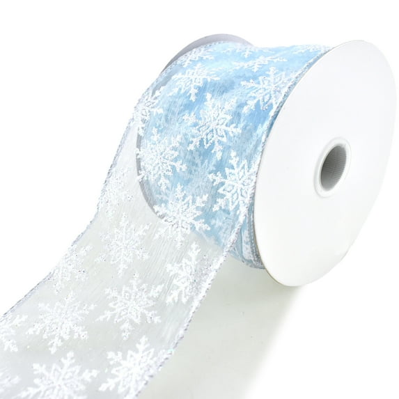 Glittered Snowflakes Sheer Wired Ribbon, 2-1/2-Inch, 10-Yard (Light Blue)