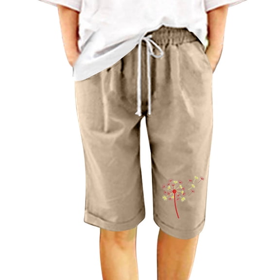 QQAMB Shorts for Women Cotton Linen Elastic Waist Print Drawstring Loose Casual Shorts Khaki 2XL