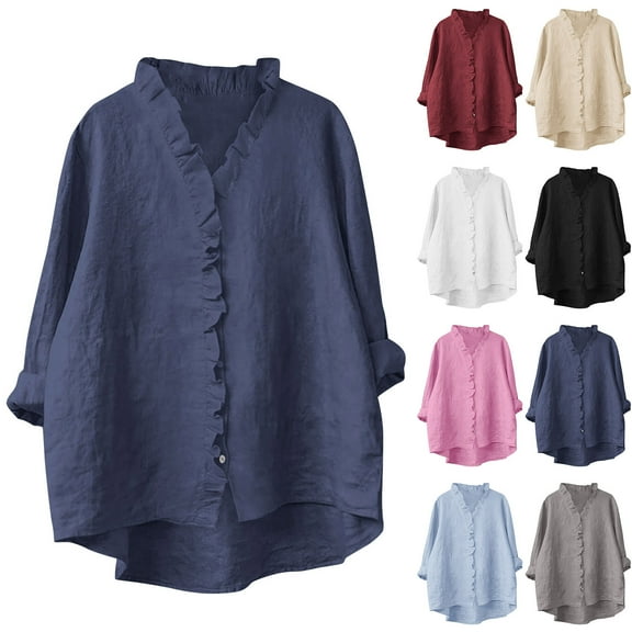 CFLVAEK Casual Shirts for Women Loose Fit Ruffle Trim V Neck Cotton Linen Tops Dressy Casual 3/4 Length Sleeve Blouses Solid Color Fall Shirt Black L