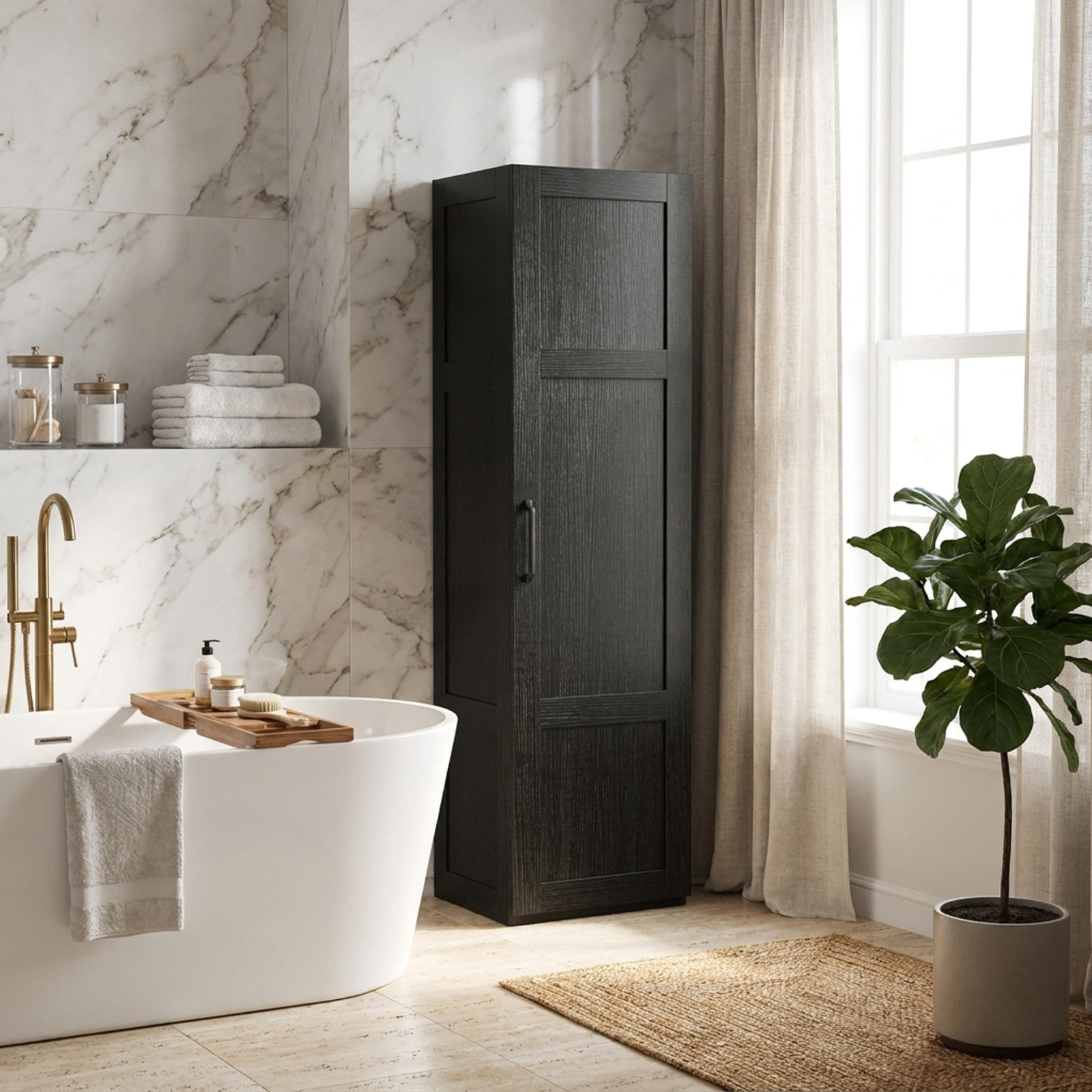 Vebreda Tall Bathroom Storage Cabinet with 4 Shelves, 59 in Narrow Freestanding Floor Cabinet with Soft-Close Door and Anti-Tip Kits, Black