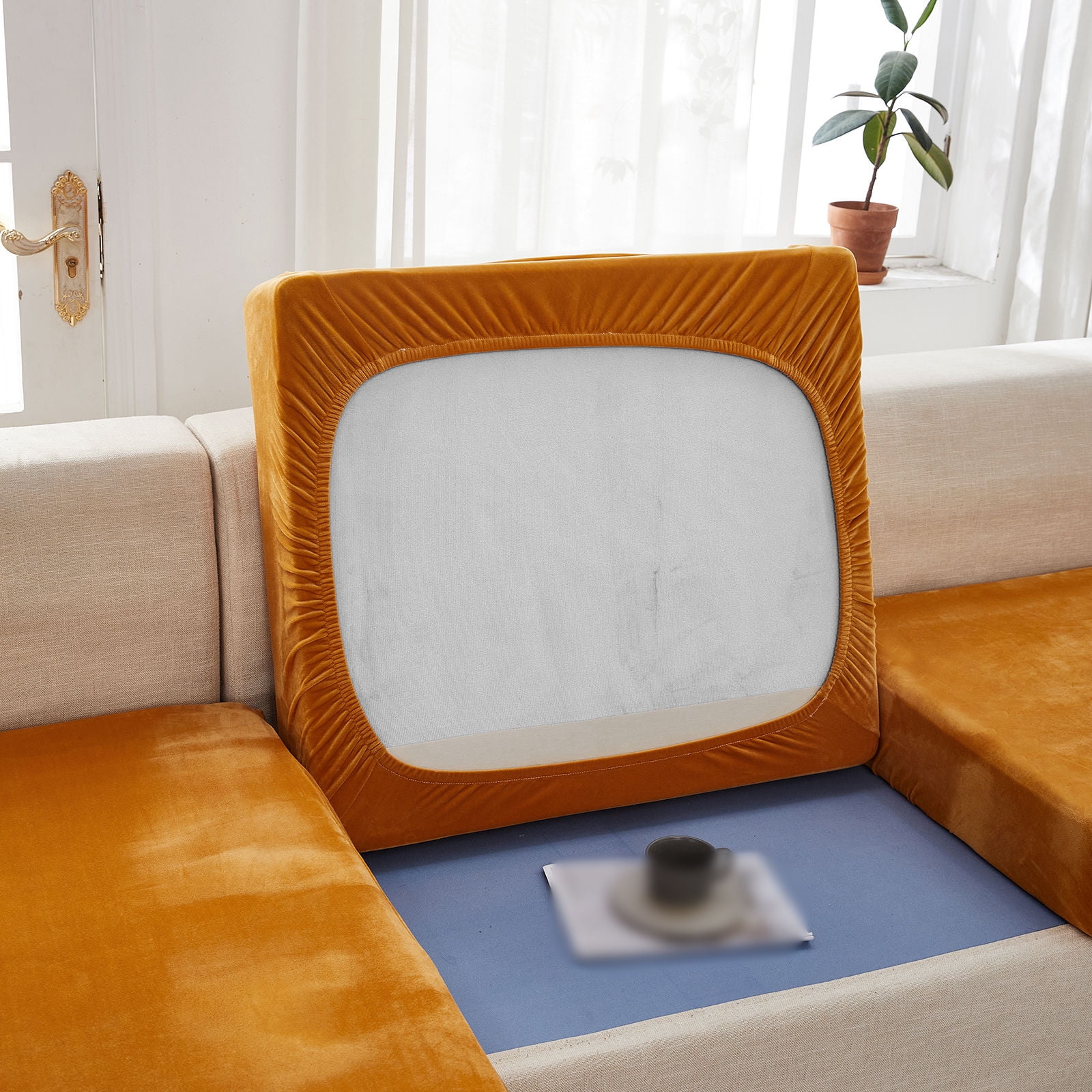 Velvet 1 2 3 Cushion Couch Cushion Cover for L-Shaped Sofa Chaise Longue Sofa Slipcover, Stretch Sofa Cover Non-slip Soft Furniture Protector -Orange-Chair