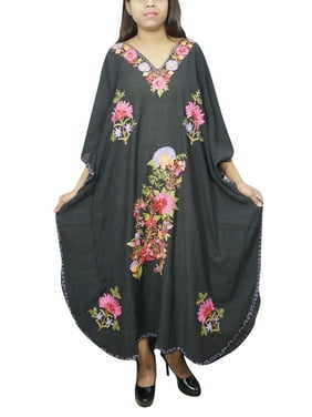 Mogul Women's Black Caftan Dress Floral Embroidered Bohemian Fashion Loungers Nightgown Maxi Dresses One Size