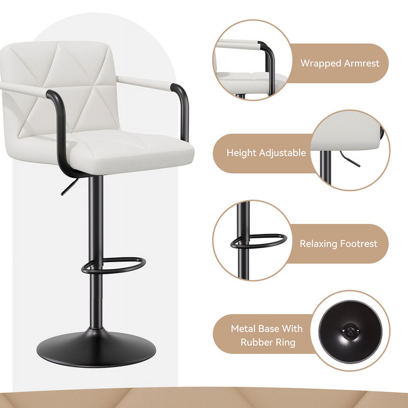 Hawsaiy Modern Bar Stools Set of 2, PU Leather Adjustable Swivel Bar Chairs with Armrests and Back, Hydraulic Counter Height Stools with Footrest for Kitchen Island, Dining Room, Bar, White