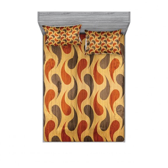 Ambesonne Abstract Fitted Sheet & Pillow Sham Set, Tiling Wavy Shapes, Full, Brown Black