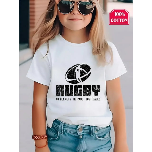 T-Shirt Graphique de Rugby pour Filles - Pas de Casques Pas de Coussinets Juste des Balles Slogan Imprimé, 100 % Coton T-Shirt Décontracté à Manches Courtes pour Enfants Adolescents, Haut Sportif Rouge Vibrant, Lavable en Machine Cadeau Printemps/été, T-Shirts pour