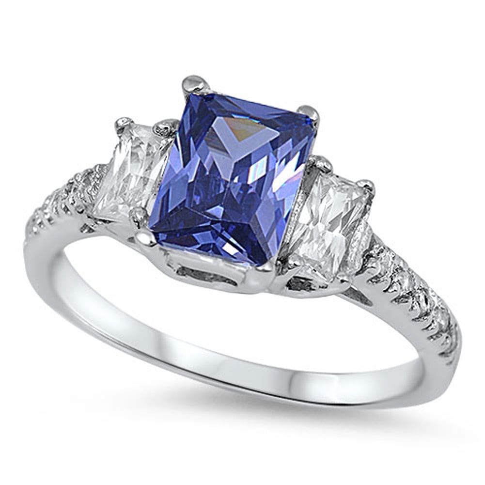 Tanzanite Blue Cubic Zirconia Solitaire Ring Sterling Silver 