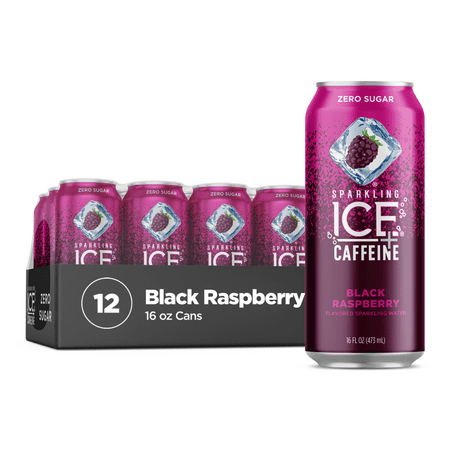 Sparkling Ice +Caffeine Zero Sugar Flavored Sparkling Water, Black Raspberry Sparkling Water, 12 Pack, 16 Fl Oz