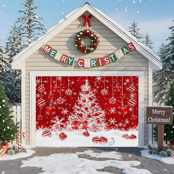 Fsddascl 7 x 8 Ft Christmas Garage Door Cover, Red Christmas Tree Large Garage Door Banner, Balls Xmas Snowflake Winter Hanging Garage Mural Background for Indoor Outdoor Xmas Party Supplies