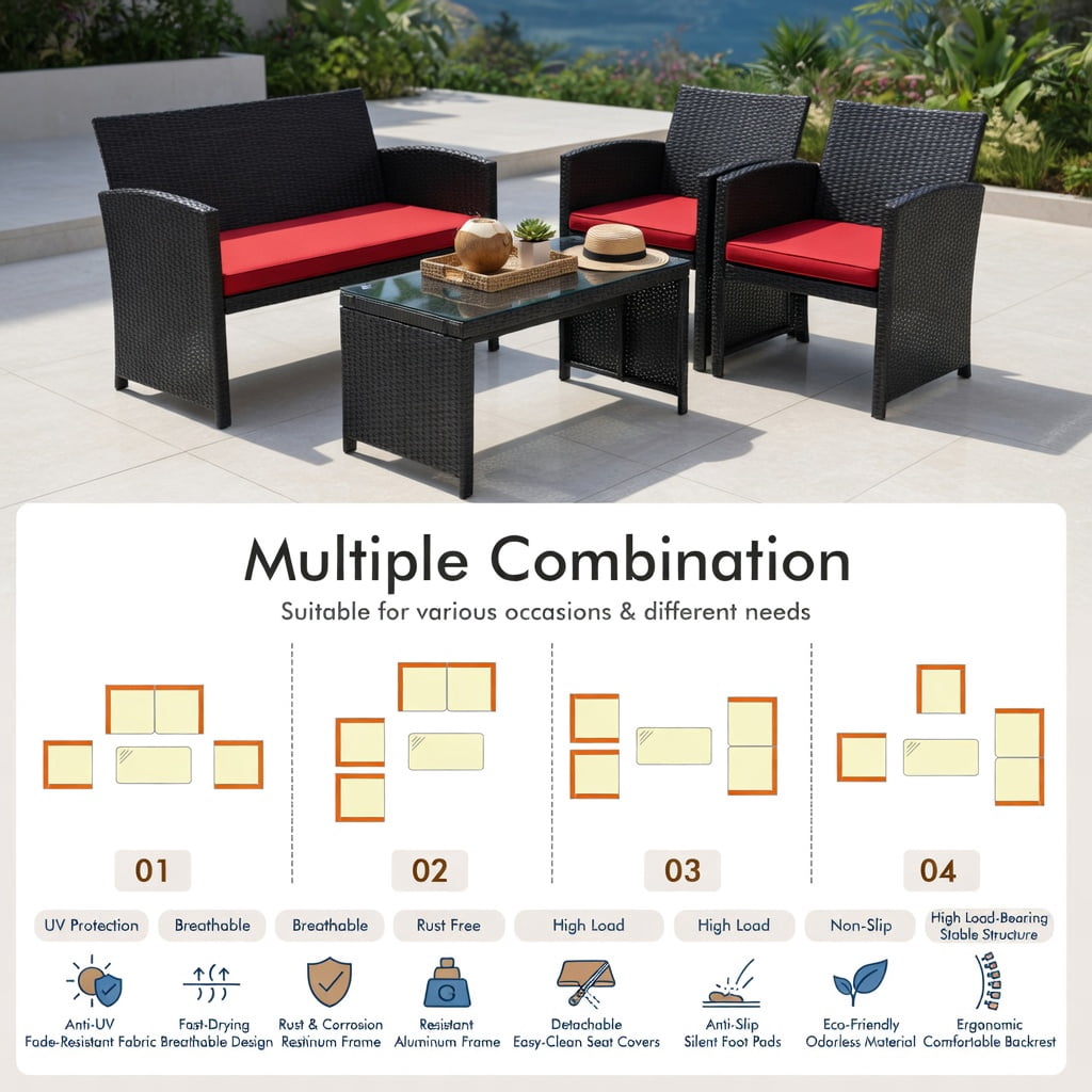 Hommoo 4-Piece PE Rattan Patio Furniture Set with Weatherproof Cushions, Tempered Glass Coffee Table, Loveseat & 2 Single Sofas for Backyard, Balcony, Poolside, Red