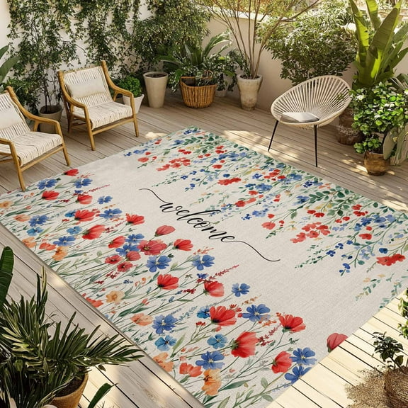 Fsddascl Pastoral Botanical Outdoor Rug for Patio/Deck/Porch, Non-Slip Large Area Rug 6 x 9 Ft, Blue Red Floral Spring Welcome Rustic Indoor Outdoor Rugs Washable Area Rugs, Camping Rug Carpet