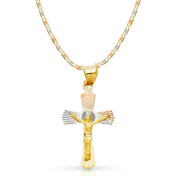 14K Tri Color Gold Diamond Cut Crucifix Jesus Cross Stamp Charm Pendant with 2.1mm Valentino Chain Necklace