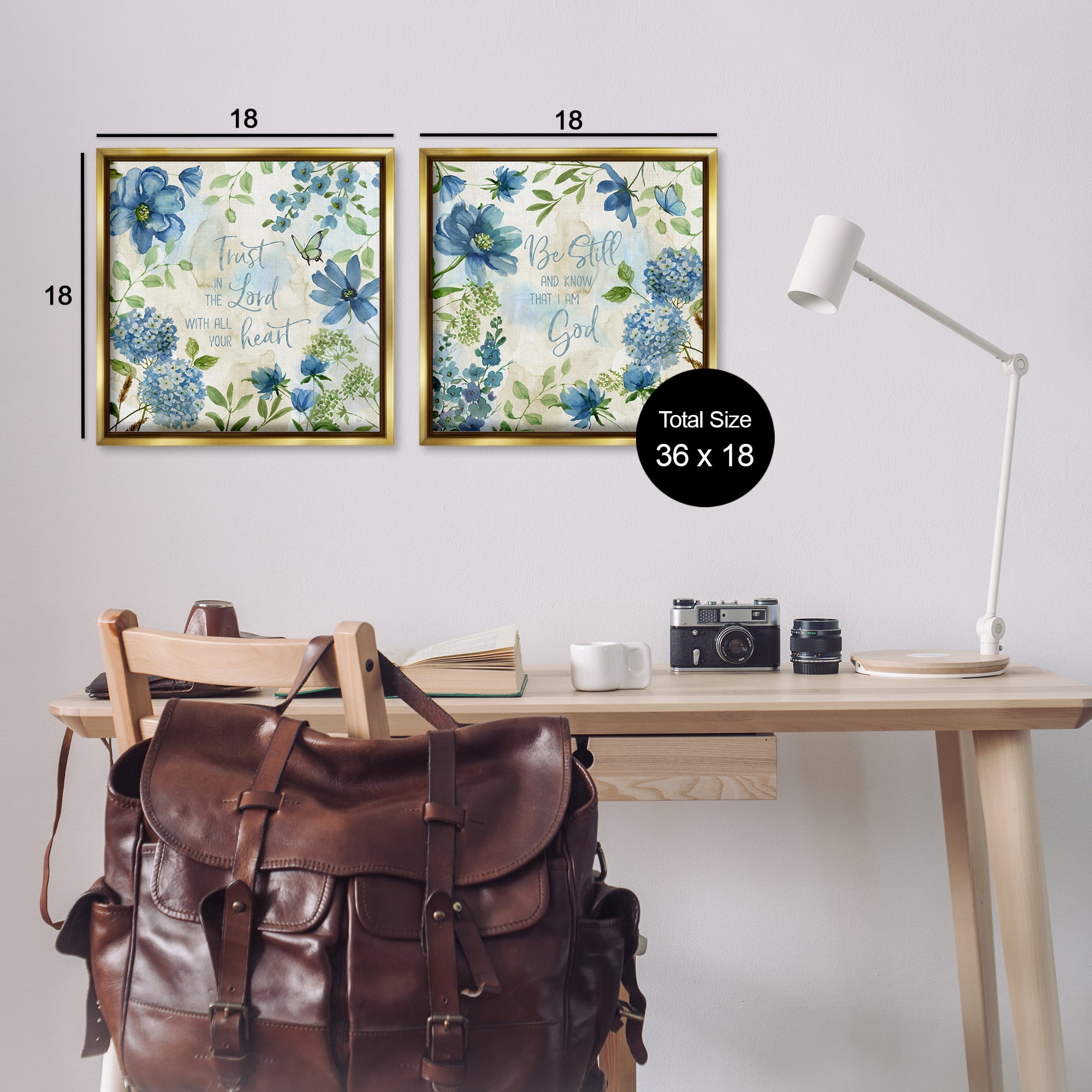 Stupell Industries Trust Be Still Blue Hydrangea Religious & Spiritual Painting Gold Floater Framed Canvas Art Print Wall Art, 18 x 18, Set of 2