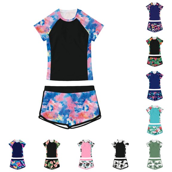 OSOLU Tankini Swimsuits For Girls Kids 2 Piece Swimwear Set Reglan Short Sleeve Tropical Printed Bathing Suit With Shorts Bottom 7-14Y Soft Beachwear