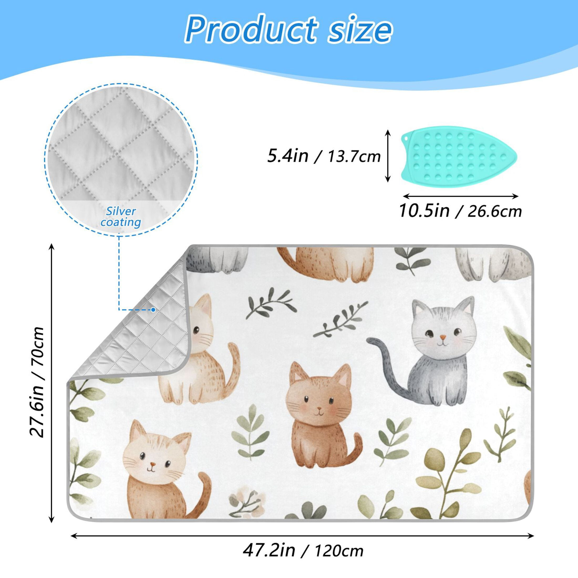 Cute Cats Leaves Watercolor Painting Ironing Mat Blanket Portable Travel Ironing Pad Heat Resistant Pad 47.2" x 27.6”