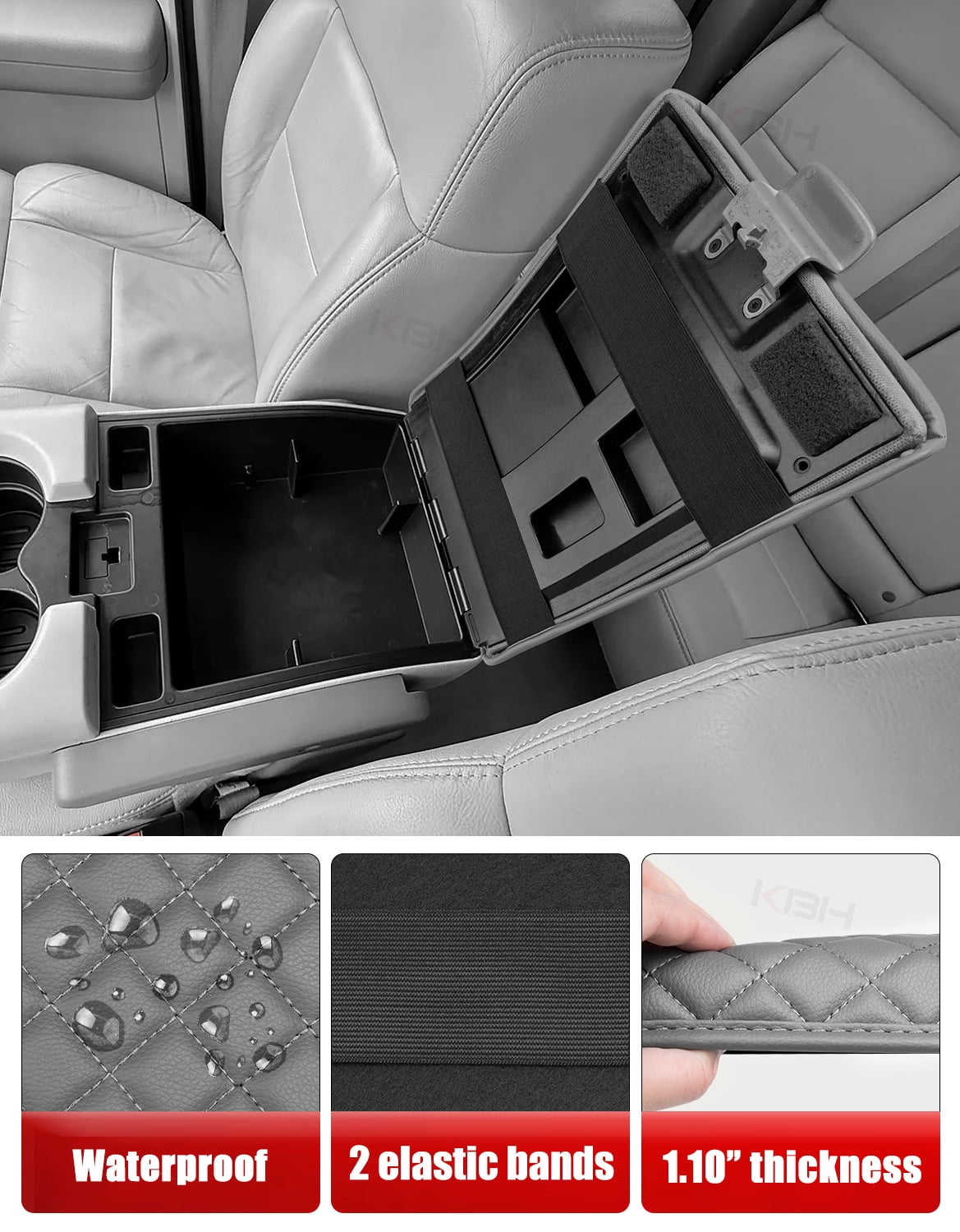 KBH Center Console Cover for 2004-2010 Ford F150 with 40/20/40 Split Bench Jump Seat, Leather Middle Console Armrest Cover Cushion Pad for F150 Accessories Interior, Gray