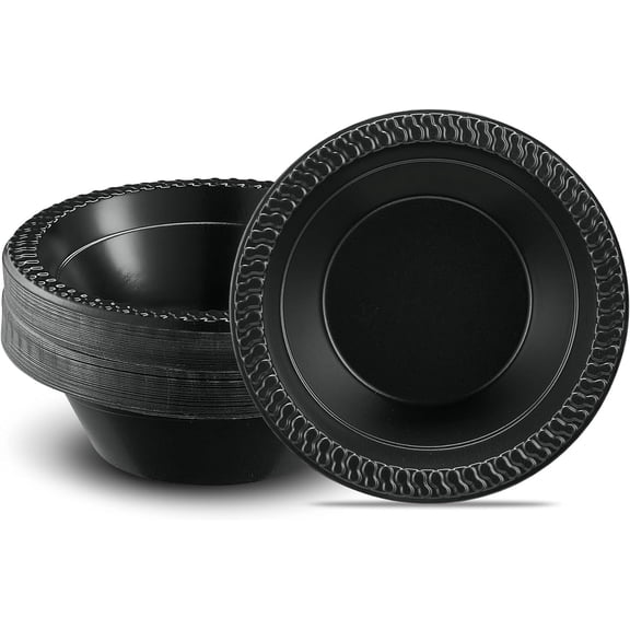 PLASTICPRO 12 Oz Black Plastic Bowls Round Disposable Microwavable Bowls, 100-Pack