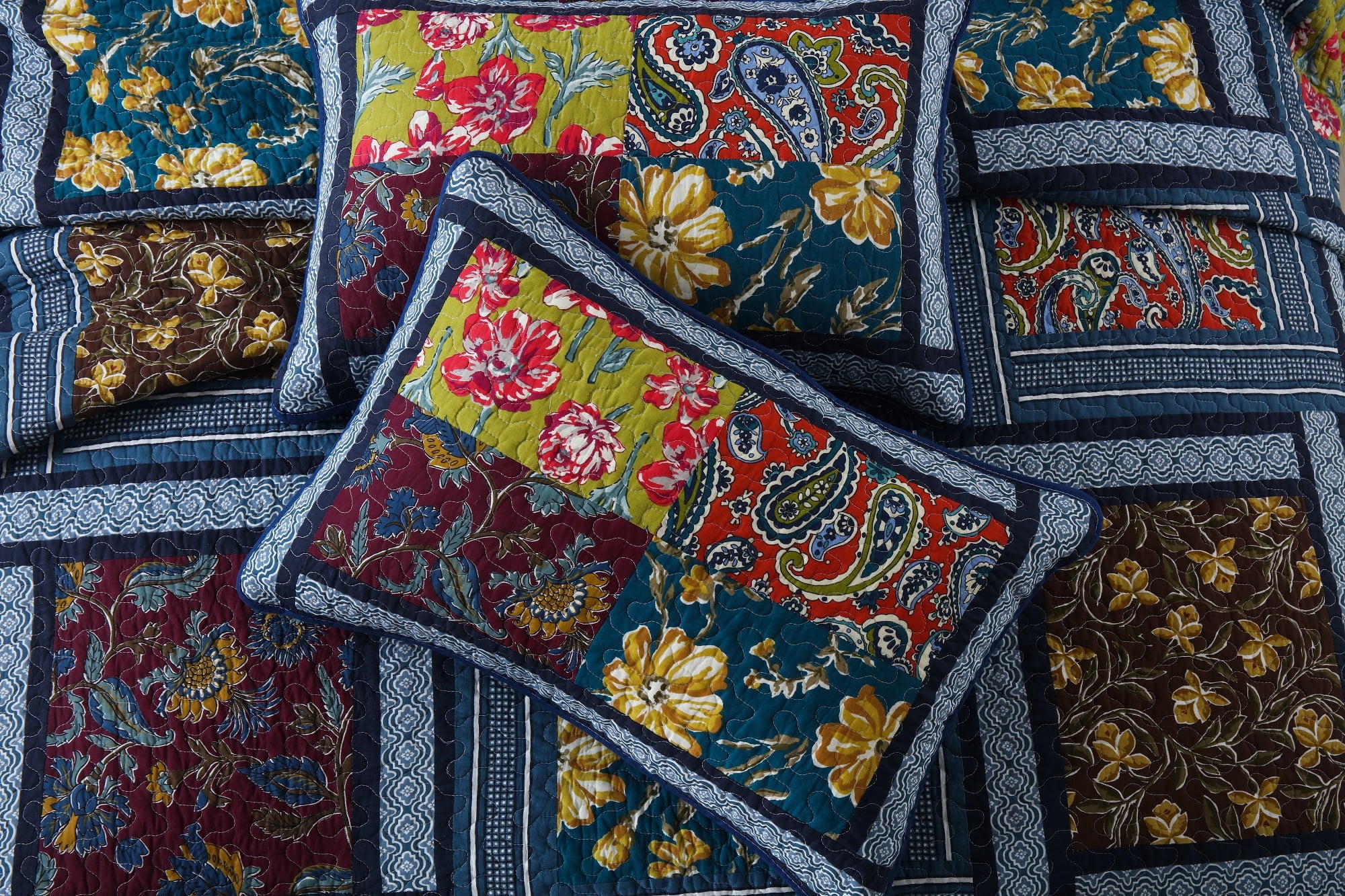 WannaToo Cotton Bedspread Quilt Set for All Season, Navy Blue Patchwork, Queen