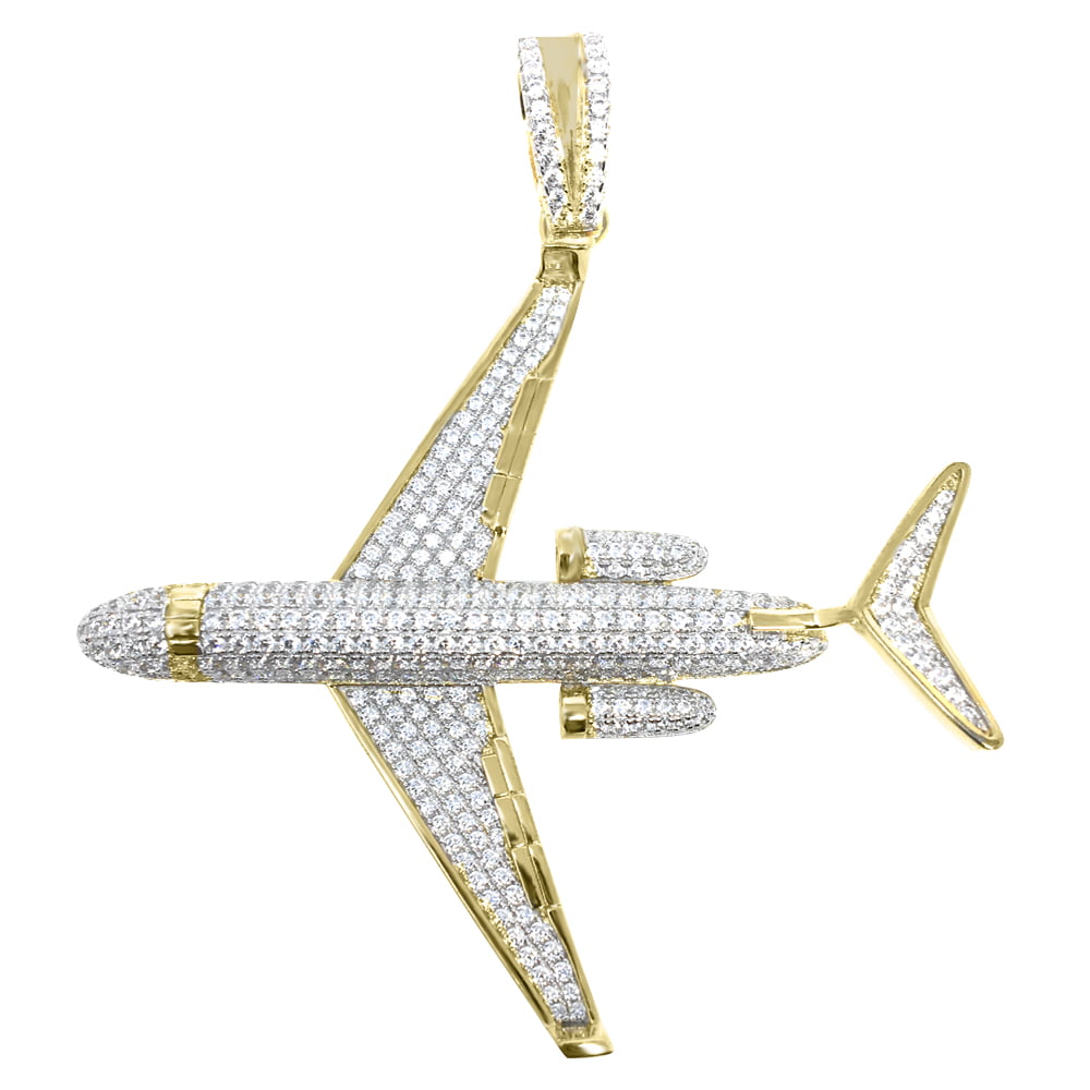 Mens Real Genuine Diamond Airplane Jet Pendant Charm 10K White Gold Finish 2''