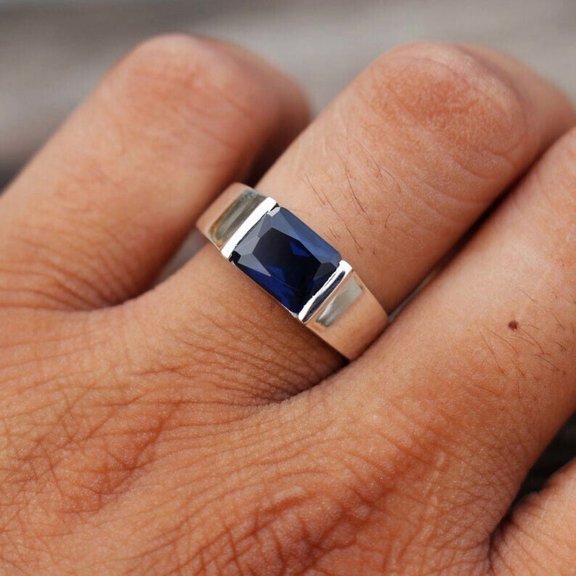 Lab Created Blue Sapphire 925 Sterling Silver Ring Solitaire Men's Gift Him 14K White Gold Plated