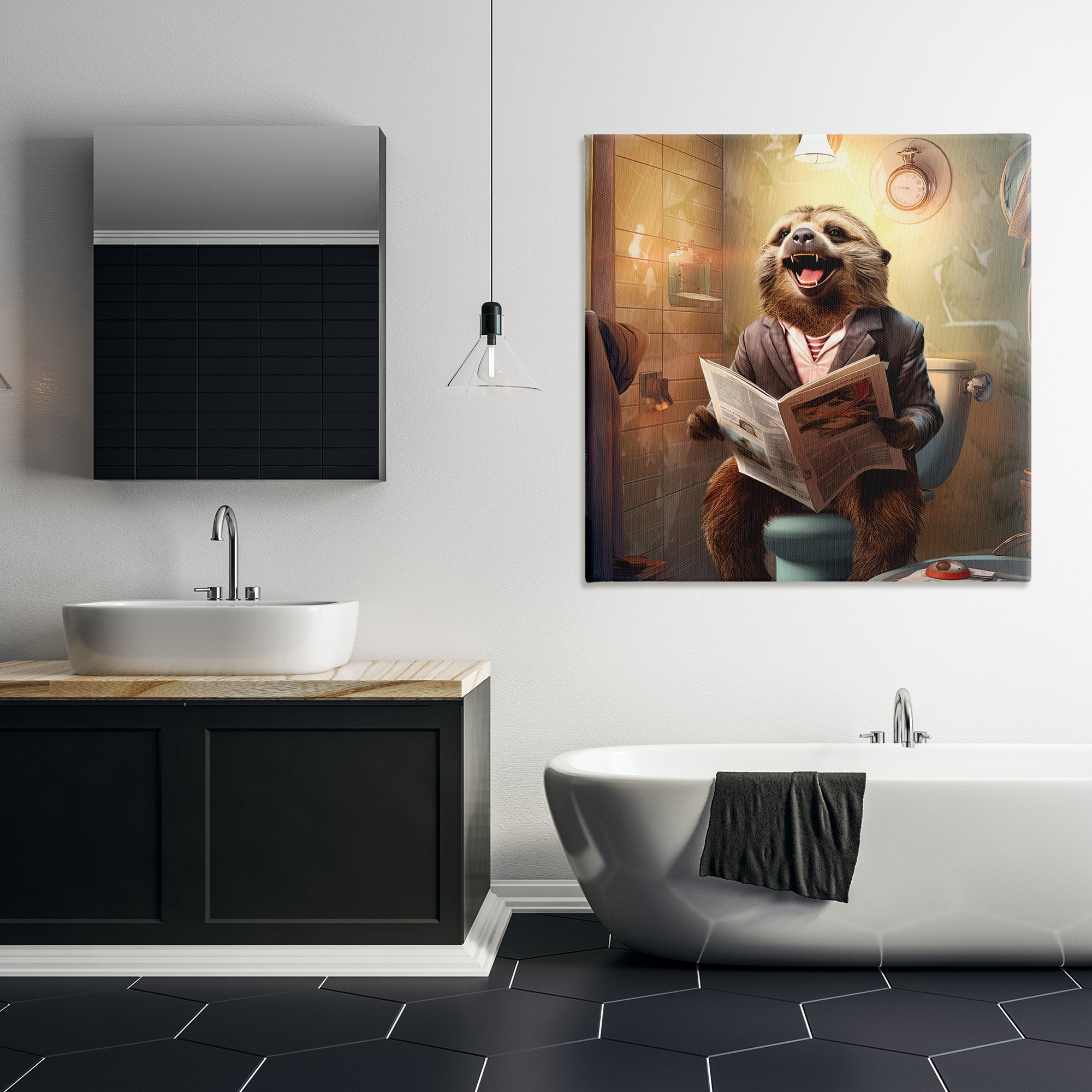 Stupell Industries Smiling Sloth on Toilet Typography Painting Gallery Wrapped Canvas Art Print Wall Art, 36 x 36