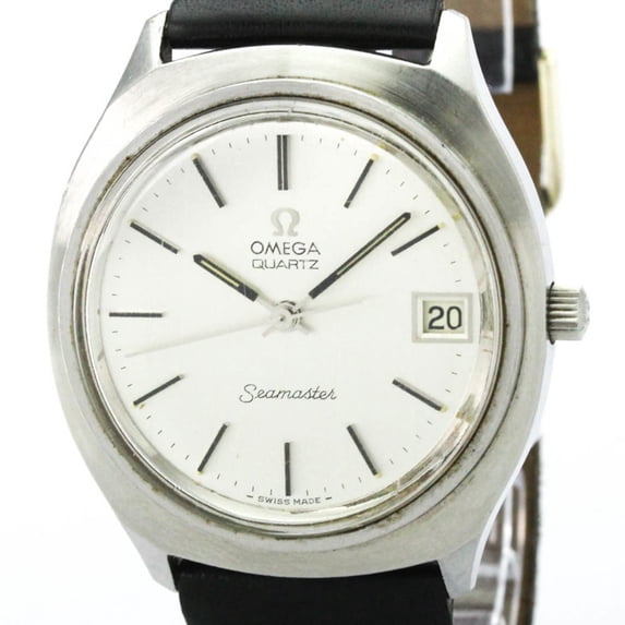 Pre-Owned OMEGA Seamaster Date Steel Leather Quartz Mens Watch 196.0072 Vintage