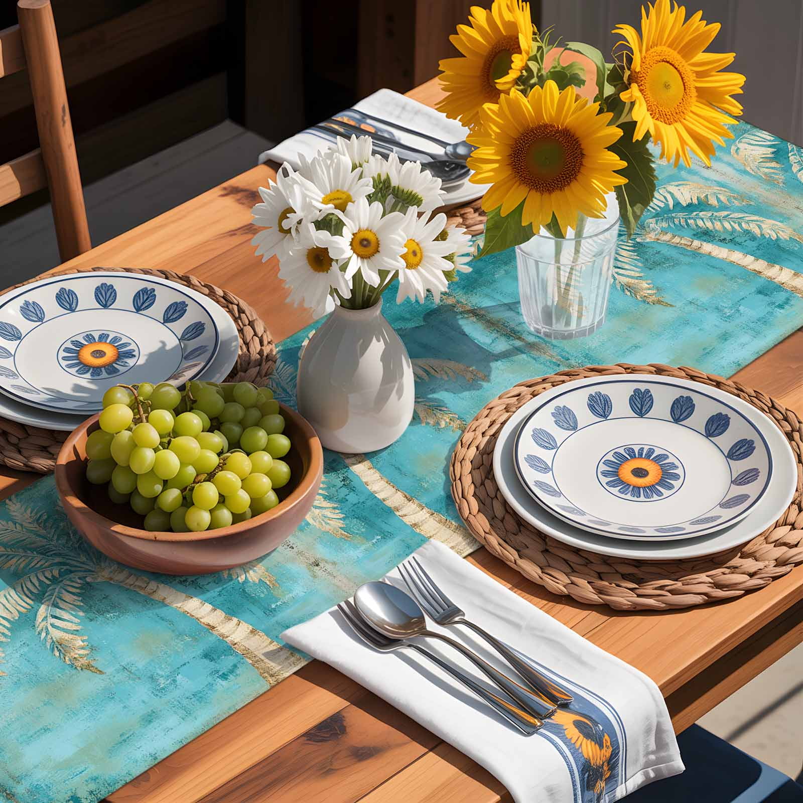 Green Tree Coastal Beach Cotton Linen Table Runner for Dining Kitchen, Vintage Tropical Plant Wedding Outdoor Party Tablerunners Decoration, Dresser Scarf Coffee Tablecloth Runners 13x70 Inches
