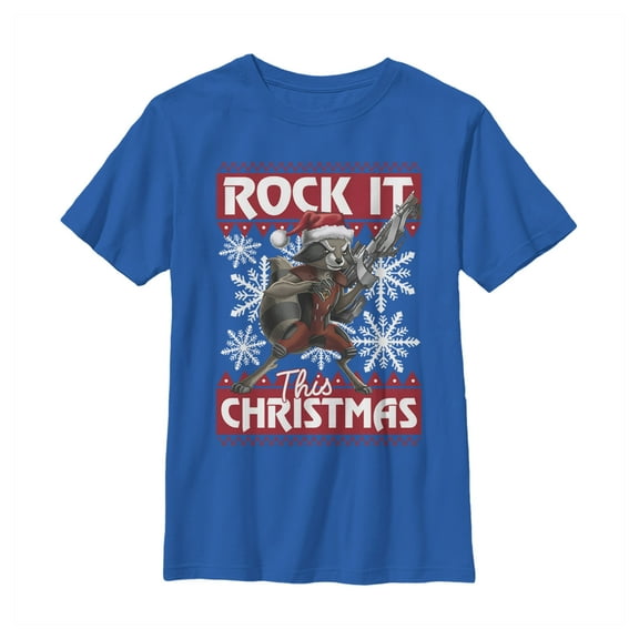 Boy's Marvel Christmas Rocket Greetings Graphic Tee Royal Blue Large