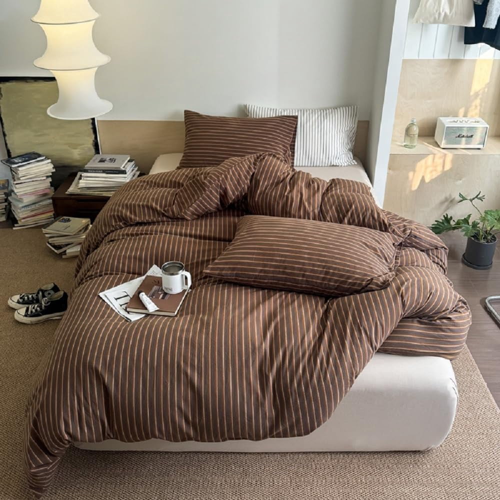 JOLUSERE Brown Striped Duvet Cover Queen Set,3-Piece Stripes Pattern Breathable Microfibre Comforter Cover