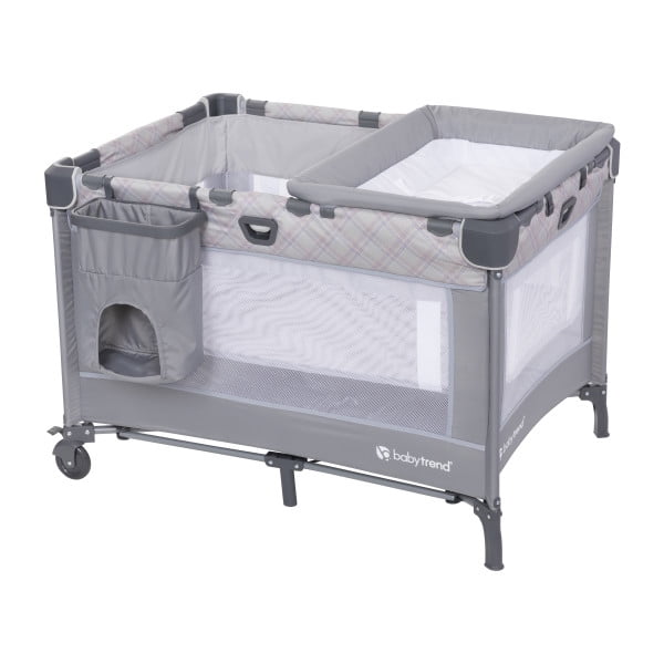 Baby Trend Nursery Den Playard with Dome Napper, Changing Table & Diaper Stacker in Madrid Plaid