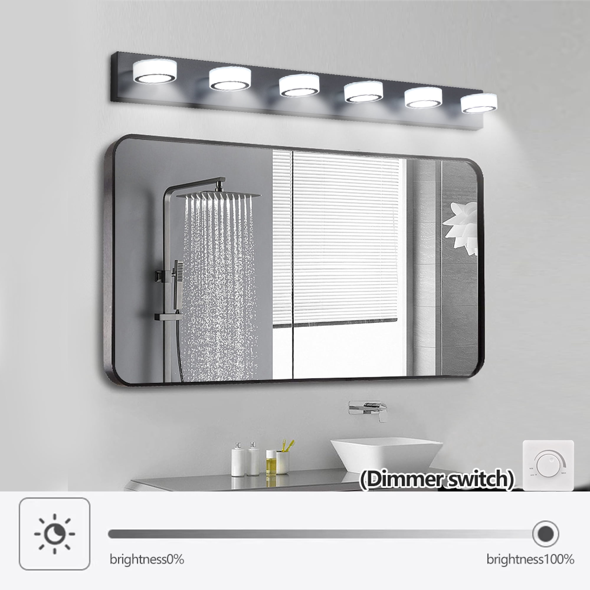 Leumius Modern 6-Light LED Vanity Light Fixture, Black Finish with Acrylic Light Shades, Energy-Efficient Bathroom Wall Sconce, Dimmable for Mirror, Shower and Bathroom Decor