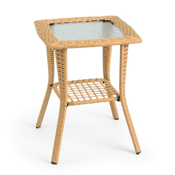Ktaxon 18x18in Wicker Side Table with Glass Top, 2-Tier End Table for Patio Garden Porch Balcony Indoor Outdoor Use, Yellow