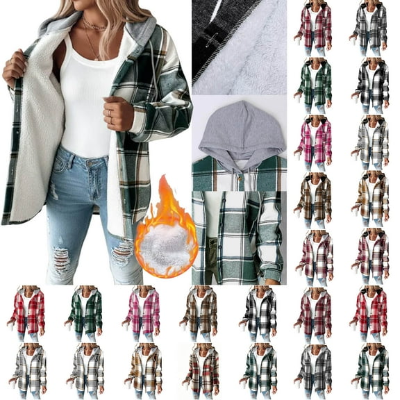 Women's Hooded Plaid Shacket Button down Long Sleeve Fleece Shirts Jackets Lightweight Fall Winter Warm Coat
