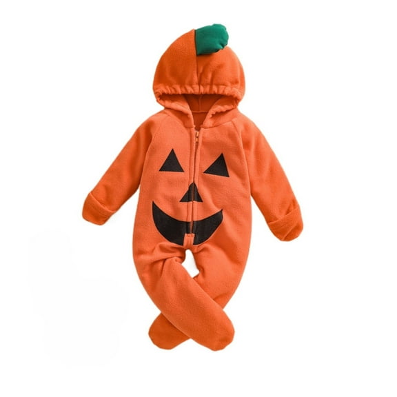 LIIPEE Boys Girls Onesie Halloween Cartoon Pumpkin Face Printed Long Sleeve Hooded Zip Up Jumpsuit Infant Comfort Party One-Pieces,Orange,18-24 Months