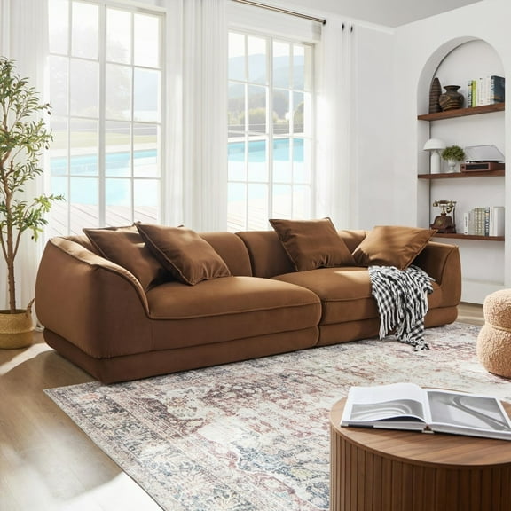 Modern Camel Flannel Sofa, 220×80×75cm, for Living Room, Solid Wood Frame