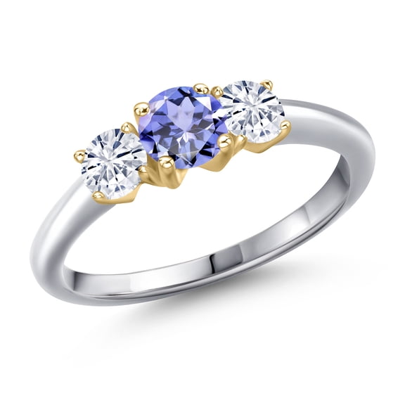 Gem Stone King 10K Two Tone Gold Blue Tanzanite and White Moissanite Engagement Ring for Women | 0.92 Cttw | Round 5MM | Gemstone December Birthstone | Size 5