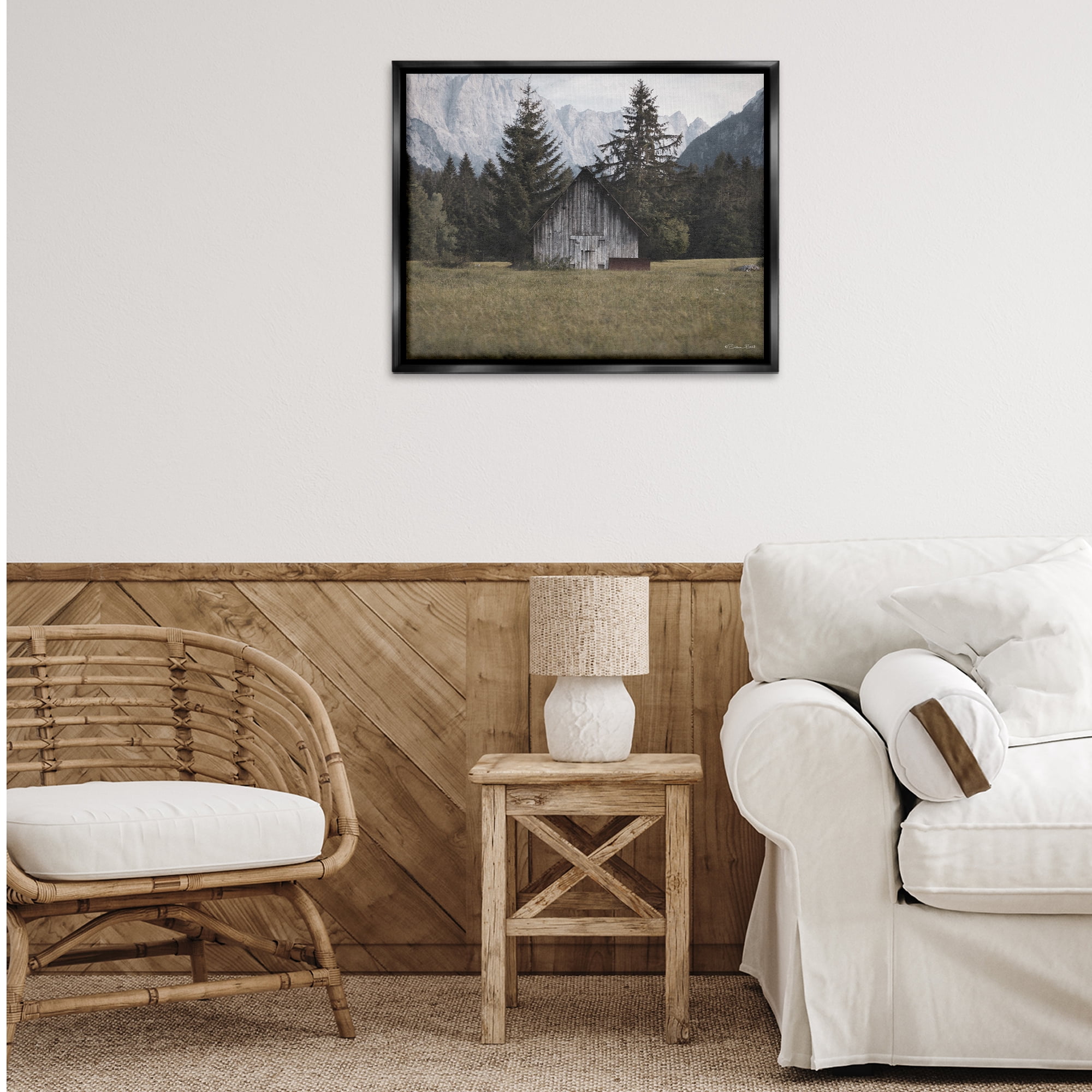 Stupell Industries Rustic Cabin Landscape Landscape Painting Black Floater Framed Art Print Wall Art, 31 x 25