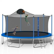Upgraded 14FT Trampoline for Kids Teens Adults, Recreational Trampoline with Safety Enclosure Net, Basketball Hoop and Non-slip Ladder, Combo Bounce Outdoor Trampoline, Blue