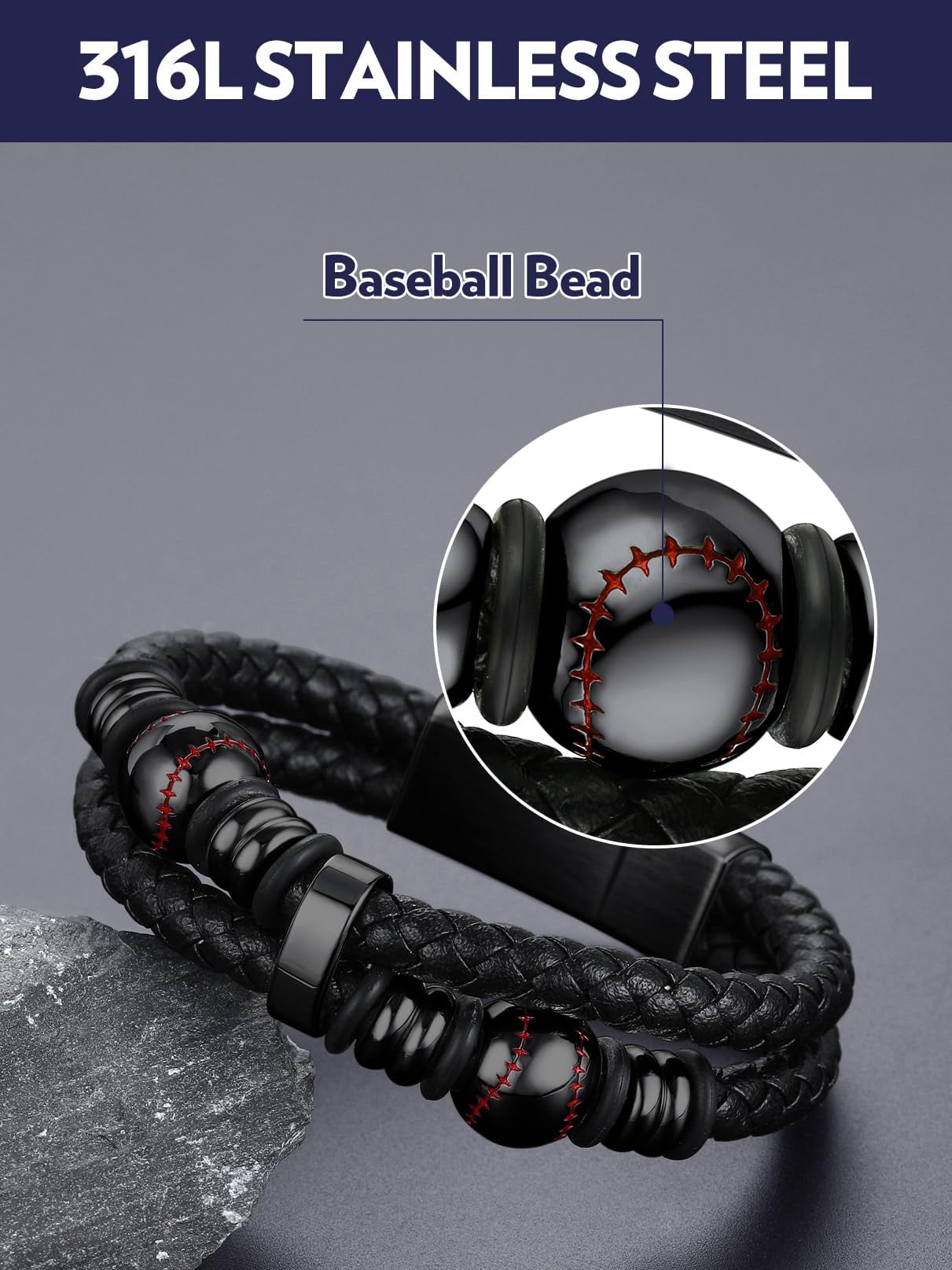 Bandmax Men's Stainless Steel Baseball Beaded Bracelet Double Leather Braided Bracelet Cool Black Wristband with Baseball Bead Charm for Men Boyfriend Husband Father Son