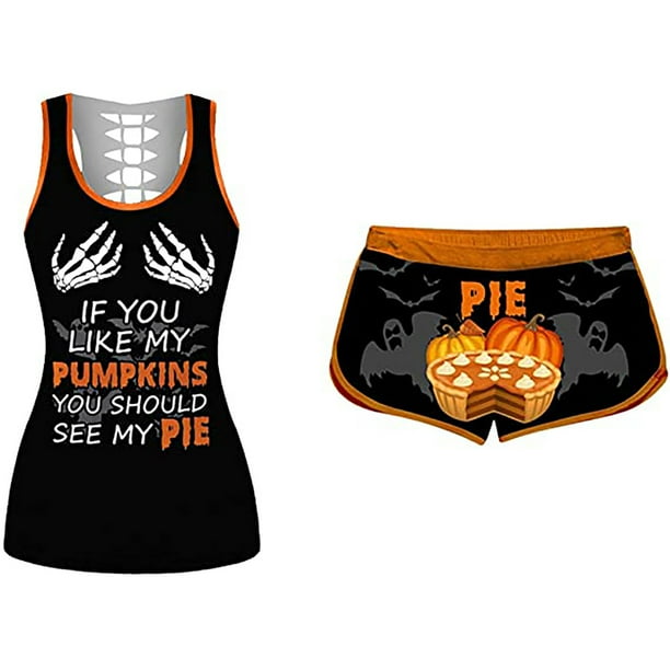 Conjunto de camisetas sin mangas de Halloween para mujer Pantalones cortos de cintura elástica con estampado de calabaza Fridja fhjkhfk456269