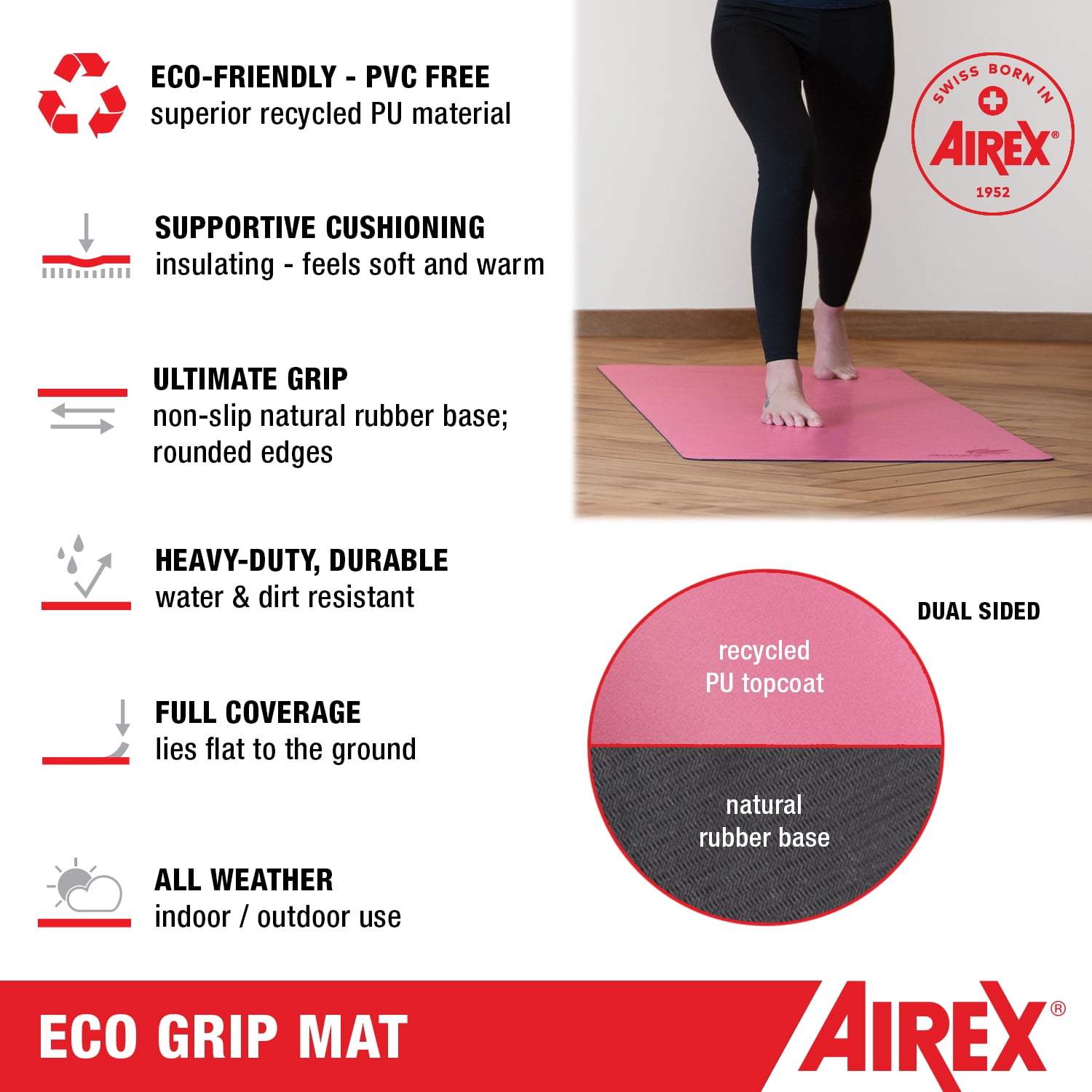 AIREX Exercise Eco Mat Fitness for Yoga, Physical Therapy, Rehabilitation, Balance & Stability Exercises - Available in Multiple Colors & Sizes - Eco Grip, Anthracite