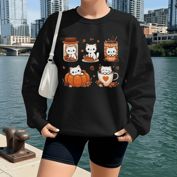 Pumpkin Party Kittens with Fall Vibes Cats Season Art Sweatshirt, for Men & Women, up to Size 5XL
