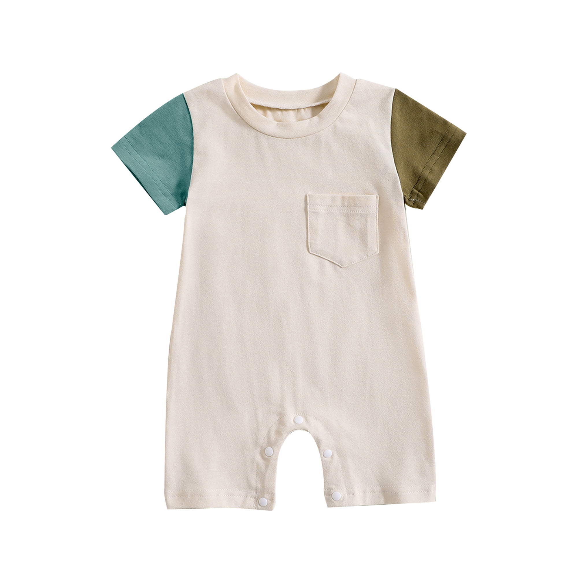 Kmbangi Infant Newborn Baby Boys Girls Summer Romper Short Sleeve O Neck Contrast Color Jumpsuit With Pocket Casual For 0 24m Brown