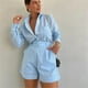 thumbnail image 5 of Conjunto de 2 piezas de algodón y lino para mujer, traje de playa informal, pantalones cortos holgados con volantes, jersey de manga larga con cordón, 2024, 5 of 5