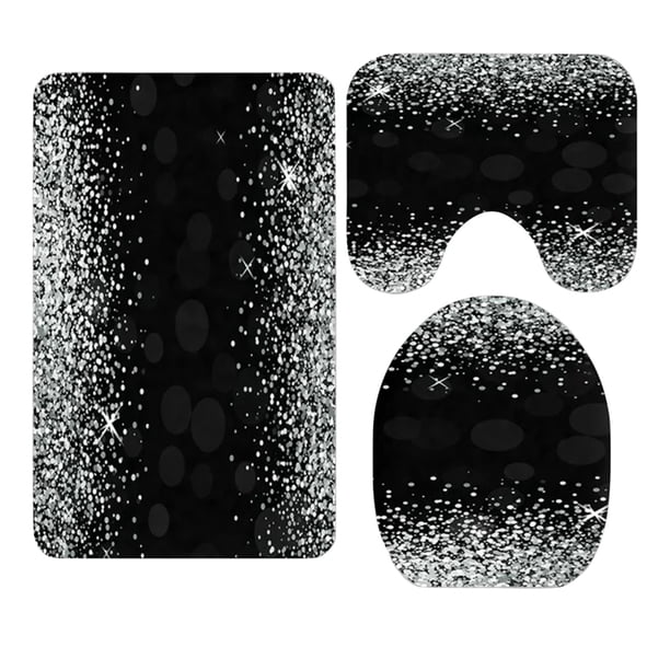 Juego de 3 alfombras de baño plateadas brillantes y negras con purpurina, alfombra de baño y cubierta para la tapa del inodoro