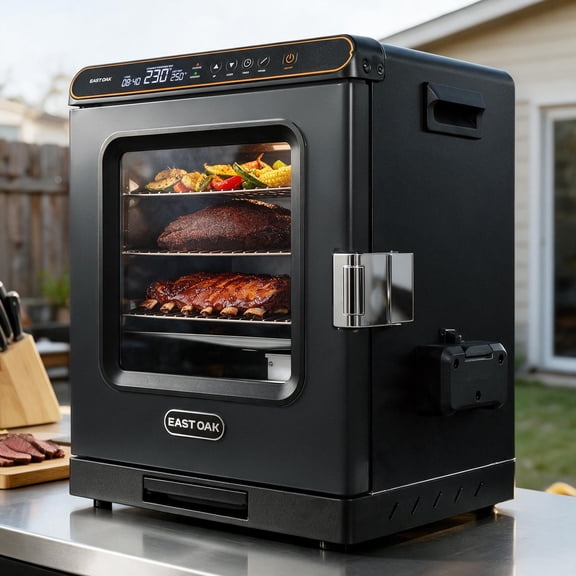 EAST OAK Pitmate Tabletop 20" Vertical Smoker with Clear Viewing Window, Built-In Meat Probe, 544 Sq. In. Cooking Area, Black