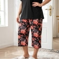 thumbnail image 2 of UNEEI Plus Size Pajamas Set for Women,2 Piece Loungewear Set Floral Sleepwear for Spring Summer Fall,Soft Lightweigh V Neck Short Sleeve Top and Capri Pants, 3XL Black, 2 of 7