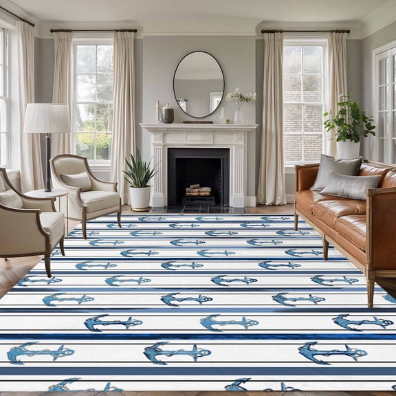 6'x9' Area Rugs, Navy Blue Anchor Nautical Indoor Outdoor Area Rug for Living Room Bedroom, Coastal Ocean Blue Striped Washable Bathroom Rugs Kitchen Floor Carpet Mats Home Decor Aesthetic