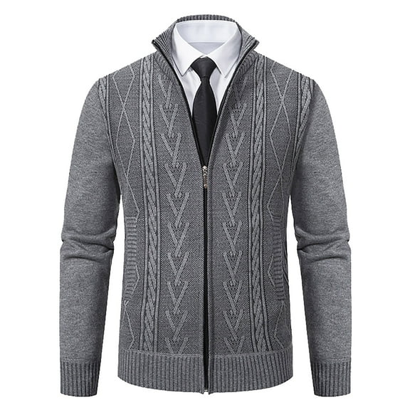 JUUYY Men's Winter Thermal Full Zip Cardigan Sweater Slim Fit Stand Collar Cable Knitted Jackets Solid Color m Coats Gray M