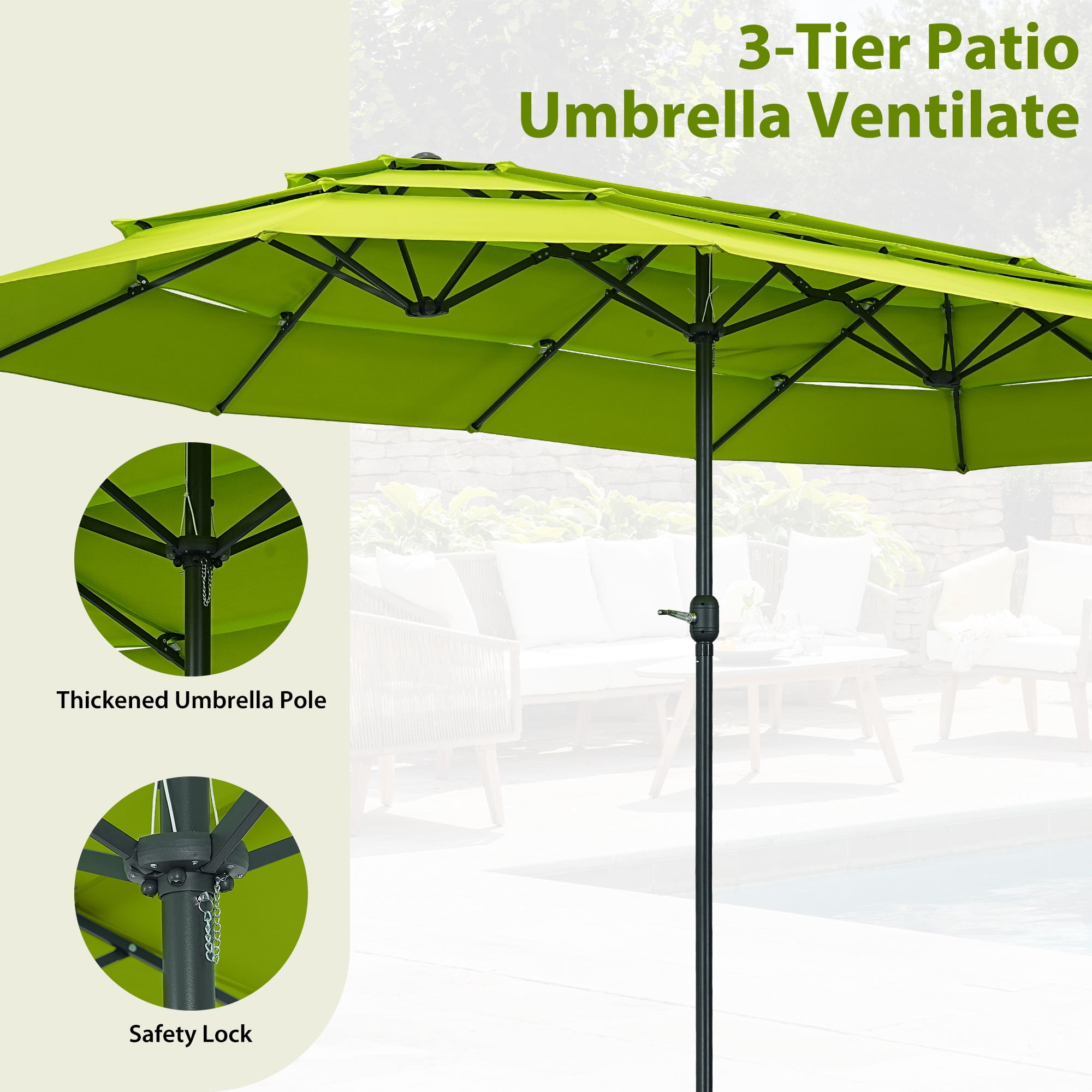 Ainfox 15ft Large Patio Umbrella, 3-Tiers Outdoor Double-Sided Rectangle Market Heavy Duty Umbrellas, Grass Green
