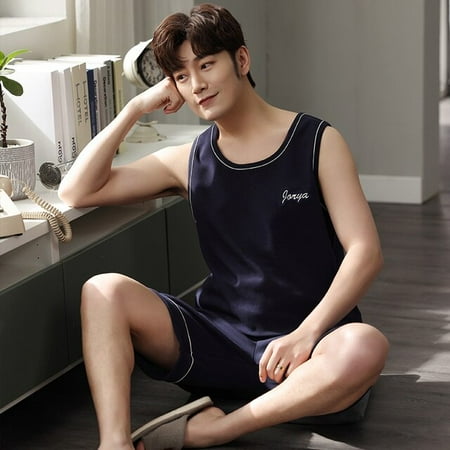 

QWZNDZGR Summer Men Pyjamas Knited Cotton Plaid Pajamas Set Casual Sleeveless Sleepwear Pyjamas Night Pijamas Plus Size 4XL Home Suits